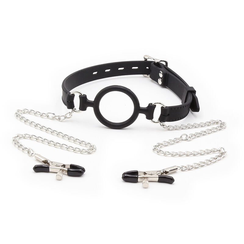  MORDAZA DE ANILLA CON CADENAS Y PINZAS PEZONES